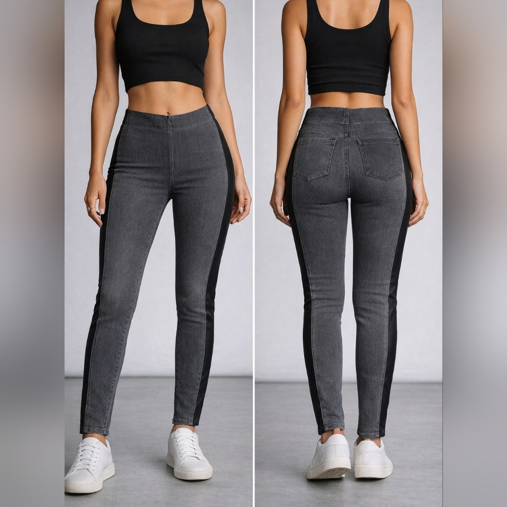 LYSSE New York Gray Denim Leggings with Black Faux Leather Side Stripe - Size S